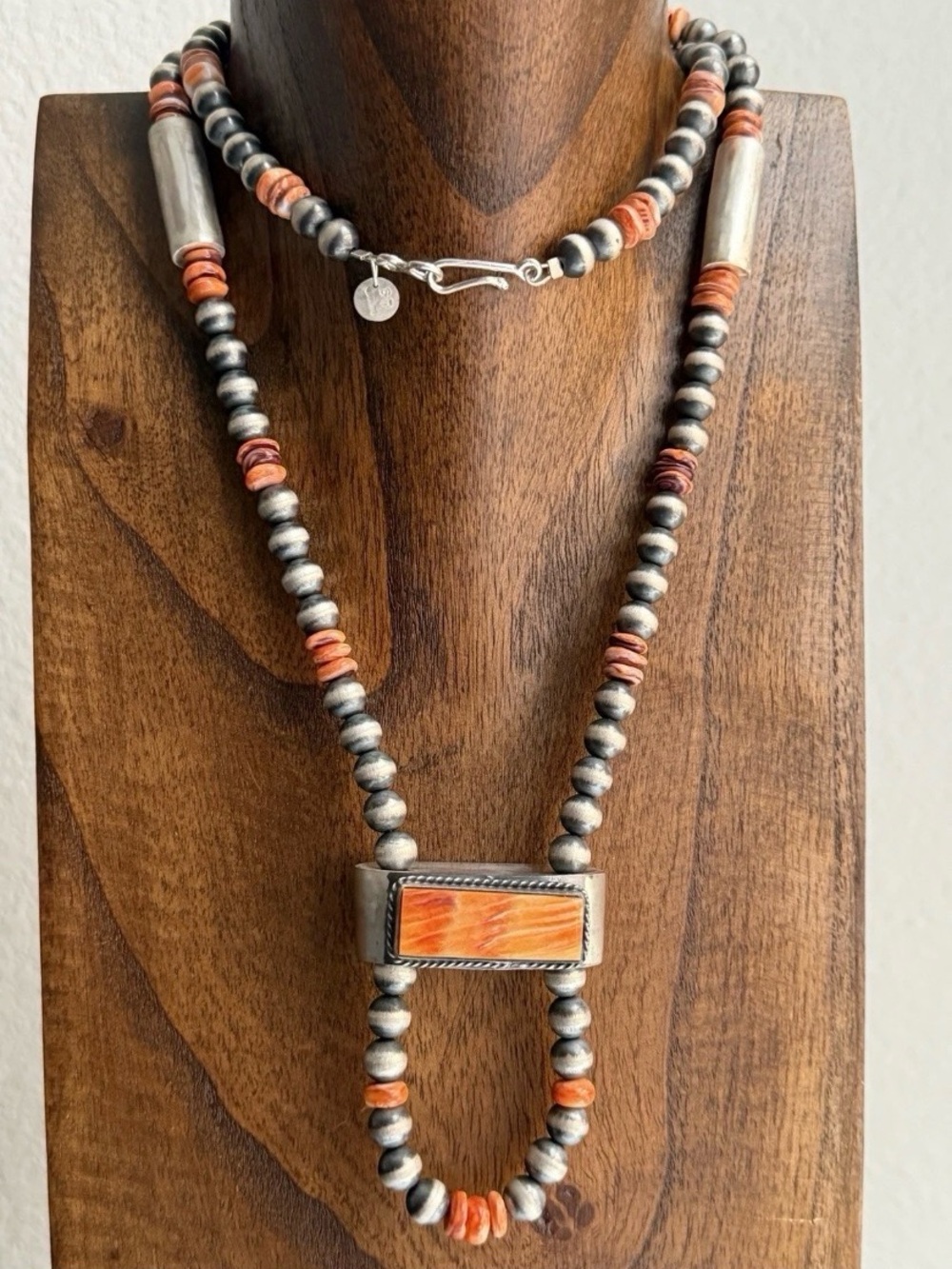 Native American Sterling Silver Spiny Oyster Pearls Jackla Bead Necklace